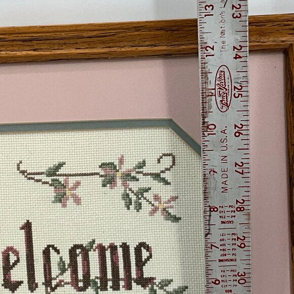Handmade Welcome Cross-Stitch Framed In Oak Wood With Pink Matte Accent - Picture 5 of 7